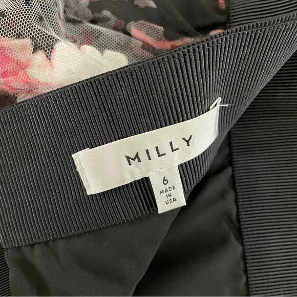 Milly Monica Tulle Overlay Black Pink Floral A-Line Skirt Grosgrain Waistband 6 - Picture 15 of 16